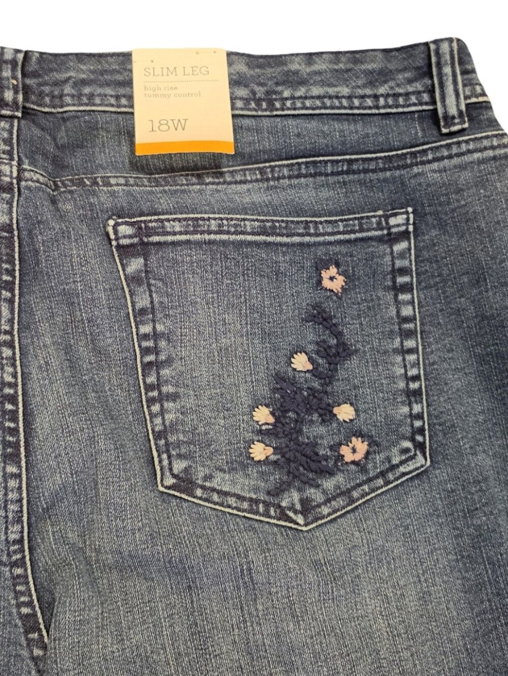 Style & Co. Blue Straight-Leg Jeans with Pink Floral Embroidery Plus Size 18 New - Picture 4 of 10